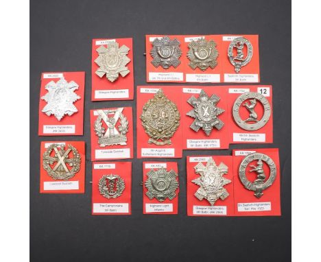 A COLLECTION OF FOURTEEN BADGES FOR SCOTTISH REGIMENTS. A collection of head-dress badges for various Scottish Regiments incl