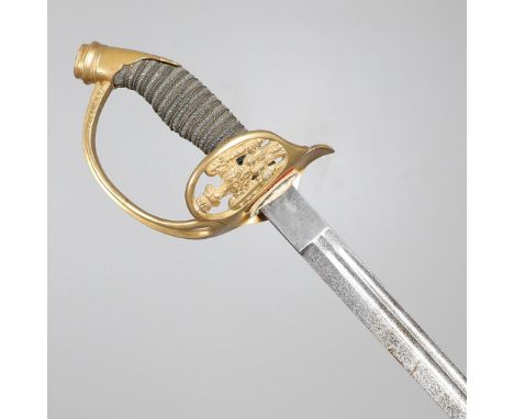 AN 1889 PATTERN PRUSSIAN INFANTRY OFFICERS SWORD. With a 78.5 cm pointed, single edged blade with double fuller, the gilt hil