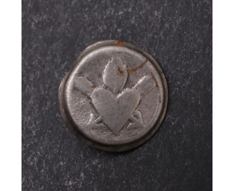 A CHARLES II AND KATHERINE OF BRAGANZA WEDDING BUTTON. A button or part cuff link decorated with a flaming heart over crossed