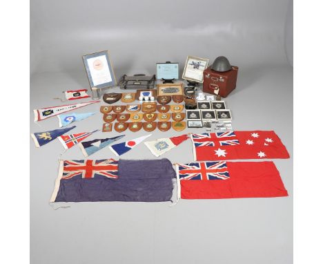 A GROUP OF SECOND WORLD WAR AND LATER ITEMS. A mixed collection of items including a helmet case containing flags, R.N. issue