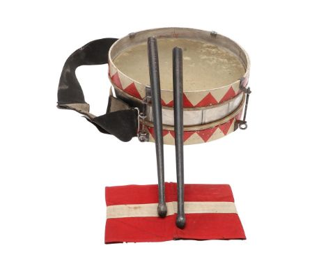 A SECOND WORLD WAR HITLER YOUTH ARMBAND, DRUM AND STICKS. A Second World War Hitler Youth armband of sewn construction in red