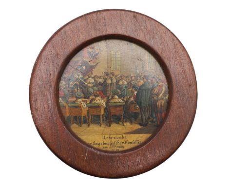 A WATERLOO RELIC: A GERMAN SNUFF BOX LID. A German snuff box lid decorated with a print of the Augsburg Confession, 25th June