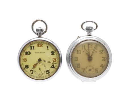 A MILITARY ISSUE JAEGAR LE COULTRE POCKET WATCH AND ANOTHER. A Jaegar Le Coultre pocket watch with 4.5cm dial, subsiduary sec