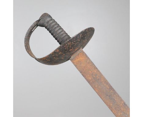 A 19TH CENTURY 1845/1858 PATTERN NAVAL CUTLASS. With a 68 cm broad, curved blade with pointed tip. With a steel guard and gri