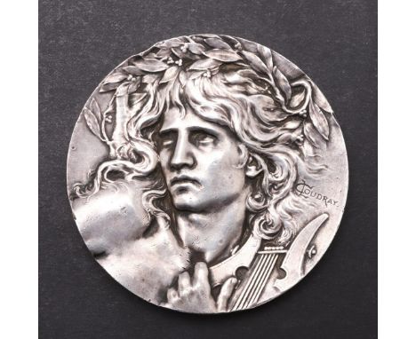 A FRENCH ART NOUVEAU SILVERED BRONZE PRESENTATION MEDAL OF ORPHEUS BY COUDRAY. A silvered bronze medal by M.A.L. Coudray, 189