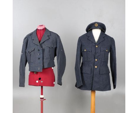 TWO IMMEDIATE POST WAR RAF UNIFROM JACKETS AND CAP WITH VARIOUS INSIGNIA. A 1949 War Service Dress Blouse, New Pattern, Size 