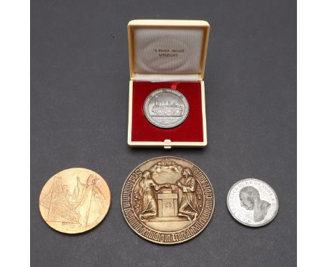 A WHITE METAL MEDAL COMMEMORATING THE DEATH OF THE DUKE OF YORK 1827 AND THREE OTHERS. A white metal medal by Thomas Webb mar