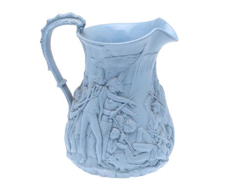 A FINE VICTORIAN RELIEF MOULDED JUG DEPICTING THE BATTLE OF ACRE. A finely moulded jug in light blue with scenes depicting Si