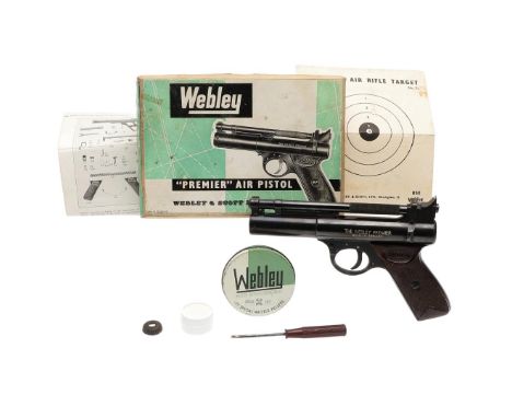 A WEBLEY 'PREMIER' AIR PISTOL IN ORIGINAL BOX. A Webley .22 calibe Air pistol, marked to the side 'The Webley Premier'. In bo