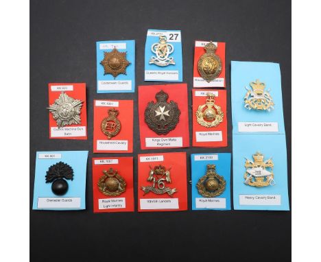 A COLLECTION OF THIRTEEN BADGES FOR GUARDS, HUSSARS AND ROYAL MARINES AND OTHERS. A collection of badges for various Regiment