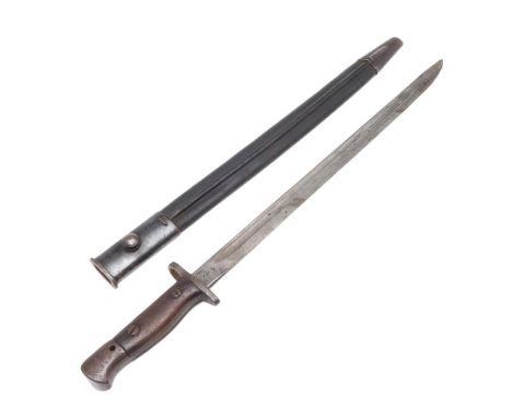 A 1907 PATTERN BAYONET AND SCABBARD BY WLIKINSON. With a 42 cm pointed, single edged blade with fuller, marked to the ricasso