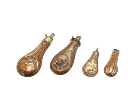 A COLLECTION OF VICTORIAN AND LATER MINIATURE AND OTHER POWDER FLASKS. A collection of powder flasks to include two small exa