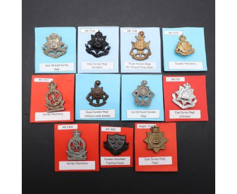 A COLLECTION OF ELEVEN BADGES FOR THE SUSSEX AND SURREY REGIMENTS. A collection of badges for the Sussex, Surrey and Hampshir