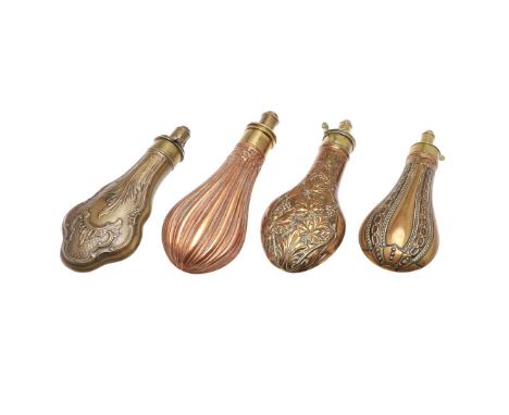A COLLECTION OF FOUR VICTORIAN AND LATER COPPER BODIED POWDER FLASKS. A collection of four powder flasks with decorative bodi