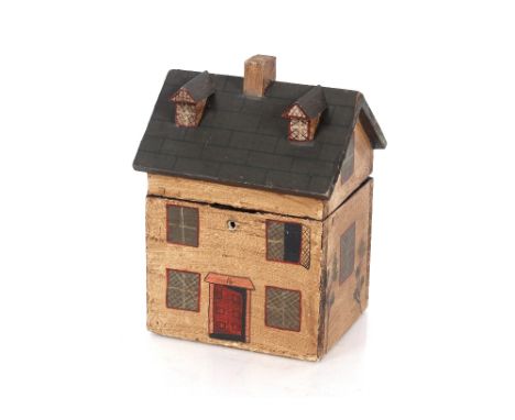 A Folk Art style wooden tea caddy in the form of a house, 22cm high 