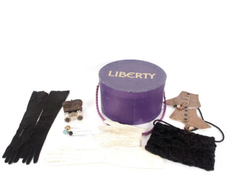 Two 1920's hats, hat pins, gloves, spats and opera glasses, contained in a Liberty cardboard hat box 