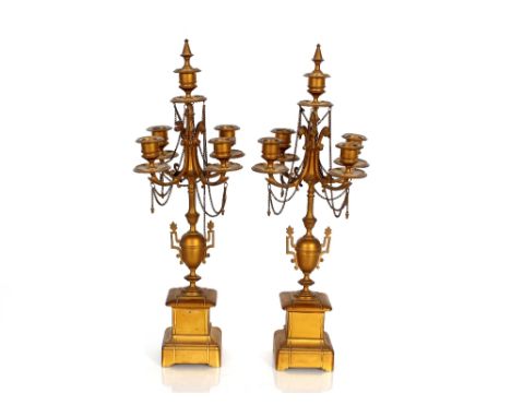 A pair of Victorian gilt metal five light candelabra, 52cm high