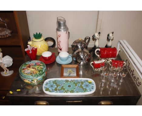 A collection of miscellaneous items to include a Venini style handkerchief vase, two chrome tea pots, an enamel whistling ket