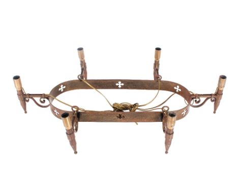 An Edwardian candelabra type metal hanging ceiling light, in the Gothic Revival style 