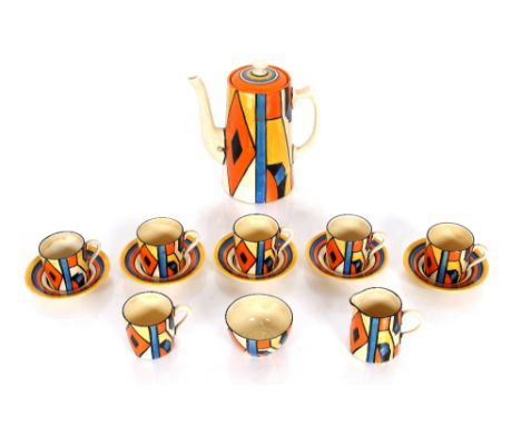 A Clarice Cliff coffee set, comprising coffee pot, six coffee cans, five saucers, sugar bowl and cream jug