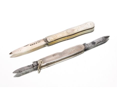 A Victorian silver bladed and mother of pearl handled pen knife; and another steel bladed example with silver engine turned c