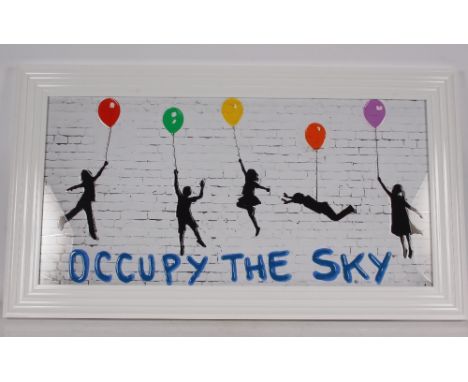 A Banksy style print "Occupy The Sky", in white frame, 65cm x 116cm overall