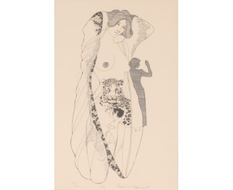 Surrealist limited edition print depicting semi-naked woman, other figures and a tiger, 35/100, dated 1980, 46cm x 30cm