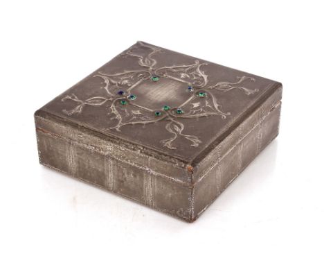 A pewter mounted and enamel decorated hinged box, 18cm 