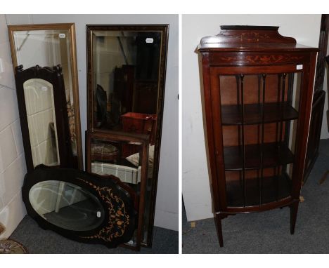 A small Edwardian mahogany display cabinet; a painted stick-back chair; and five assorted framed mirrors (7)