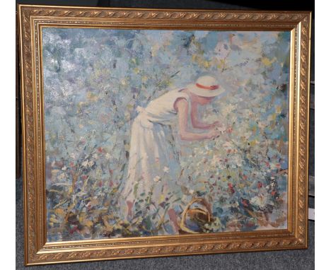 William Norman Gaunt FIAL NDD (1918-2001) Lady in a white dress and sun hat tending to her flowers Signed, oil on canvas, 49.