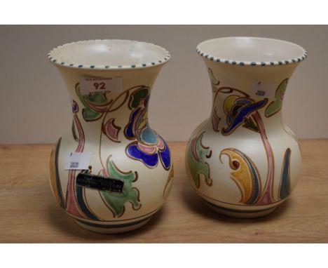 A pair of Hanpainted Honiton Pottery, Devon Art Deco vases, having abstract floral designs.
16cm x 12cm(widest point)