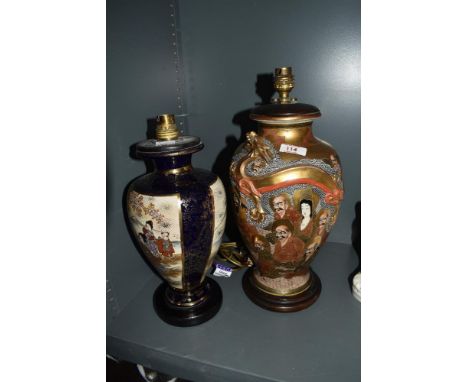 A 20th Century Japanese Satsuma and gold lacquered table lamp, having applied moulded dragon design, measuring 42cm tall, and