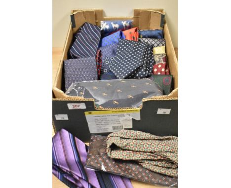 A box of gents neck ties, including a vintage cravat and silk ties.