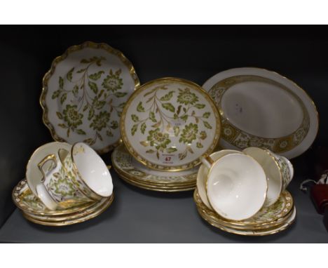 A Royal Crown Derby 'Green Derby Panel' patterned part tea service, comprising teacups, saucers, sandwich plates, and other i