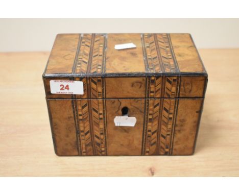 A Victorian walnut parquetry inlaid tea caddy, with double compartmented interior, key, and measuring 12cm x 18cm x 10cm over