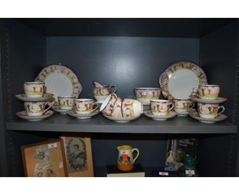 An Art Deco Royal Doulton tea set, in the Pollard Willow pattern, comprising two sandwich plates, milk jug, sucrier, and teac