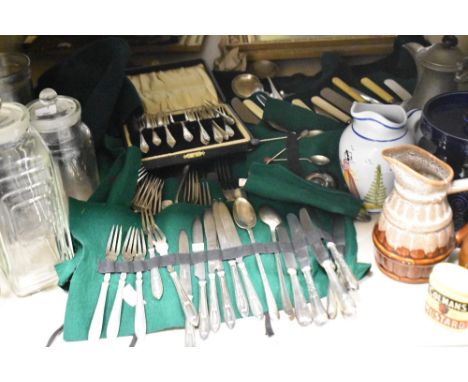 A variety of glass storage jars, cutlery, including bone handled knives and a selection of mixed vintage ceramics.