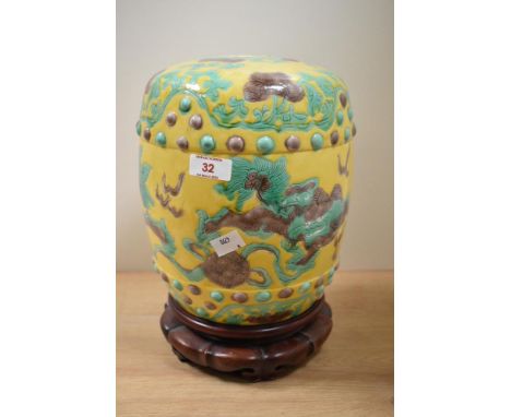 A 19th Century Chinese Sancai glazed porcelain vase, against a yellow ground and decorated with a dragon and pearl design, ra