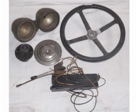 TWO CAV HEAD LAMP SHELLS (A/F), A VINTAGE ALUMINIUM STEERING WHEEL AND A PAIR OF LUCAS 12V TRAFFICATORS 