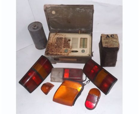 ASSORTED CAR LIGHT UNITS AND QUANTITY OF NEW OLD STOCK, OIL FILTER ELEMENTS 