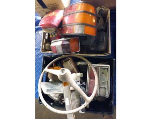 LARGE QUANTITY OF AUTOMOTIVE LIGHT UNITS AND CLUSTERS AND A VINTAGE STEERING WHEEL 