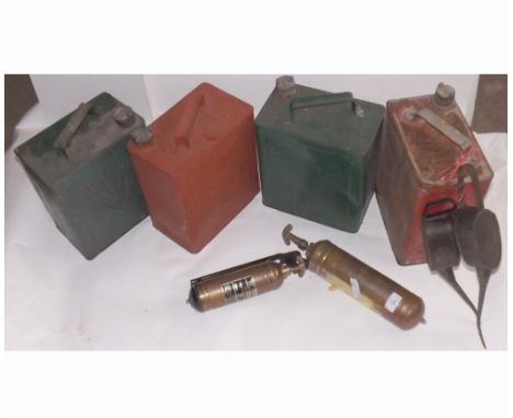 TWO BRASS VINTAGE FIRE EXTINGUISHERS, TWO OIL CANS AND FOUR TWO-GALLON PETROL CANS 