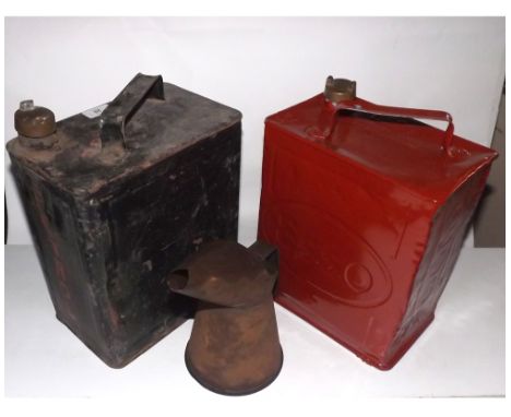 TWO-GALLON ESSO FUEL CAN AND A FURTHER TWO-GALLON CAN WITH A METAL POURING JUG 