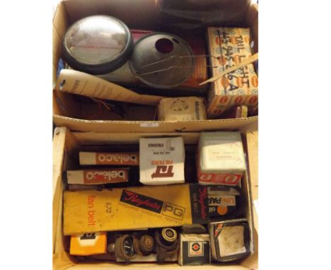 TWO BOXES CONTAINING NEW/OLD STOCK, OIL FILTERS, FAN BELTS AND SOME FURTHER LIGHT UNITS 
