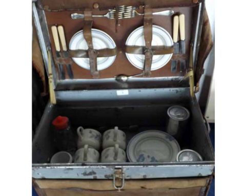A CANVAS COVERED METAL TRUNK CONTAINING A PICNIC HAMPER (A/F) 