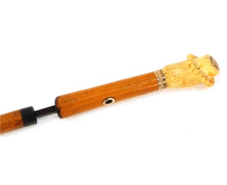 A 19thC sword stick, with stags horn knop, having rose gold cartouche with initials JJC, engine turned collar, loop hole to t