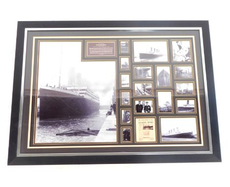 A framed photographic print relating to The Titanic, to include prints of the boat, captain, newspaper articles, and internal