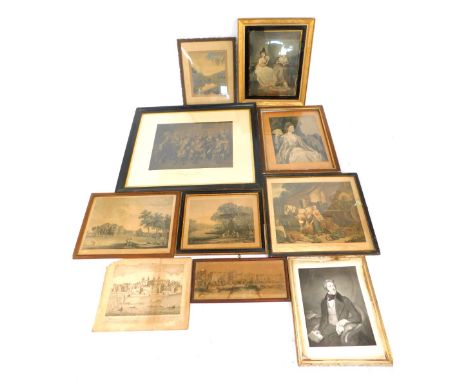 A collection of 19thC and later prints, to include Old London Bridge, The Gardens of Sir Francis Dashwood, Preparing Them for