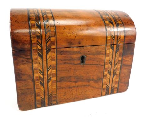 A Victorian walnut domed tea caddy, with Herringbone inlay, opening to reveal a twin lidded compartment, 14cm high, 18cm wide