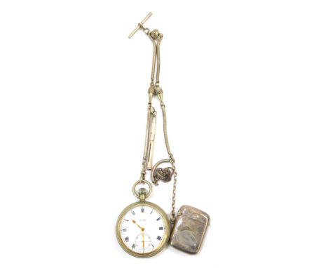 A KR Ingram of Braintree stainless steel cased pocket watch, with white enamel dial, Roman numerals and seconds dial, with go